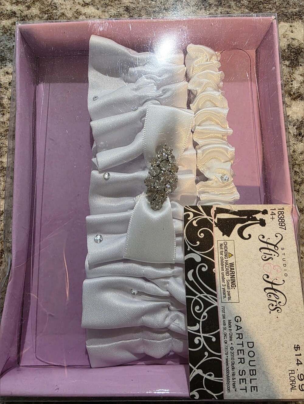 White Satin Bridal Garter Set with Rhinestone Bow